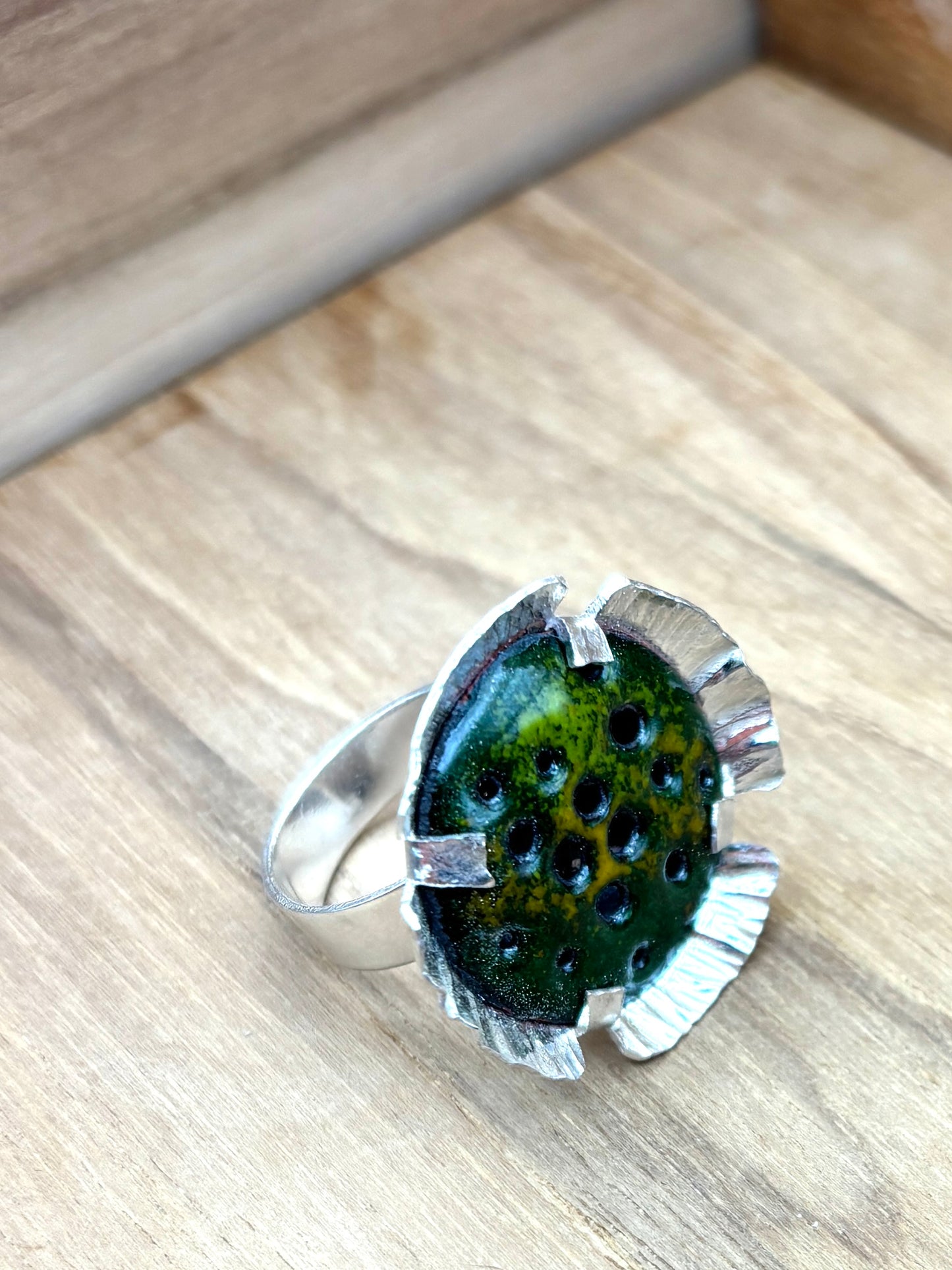 Handcrafted Silver and Enamel Coral Reef Ring - Green