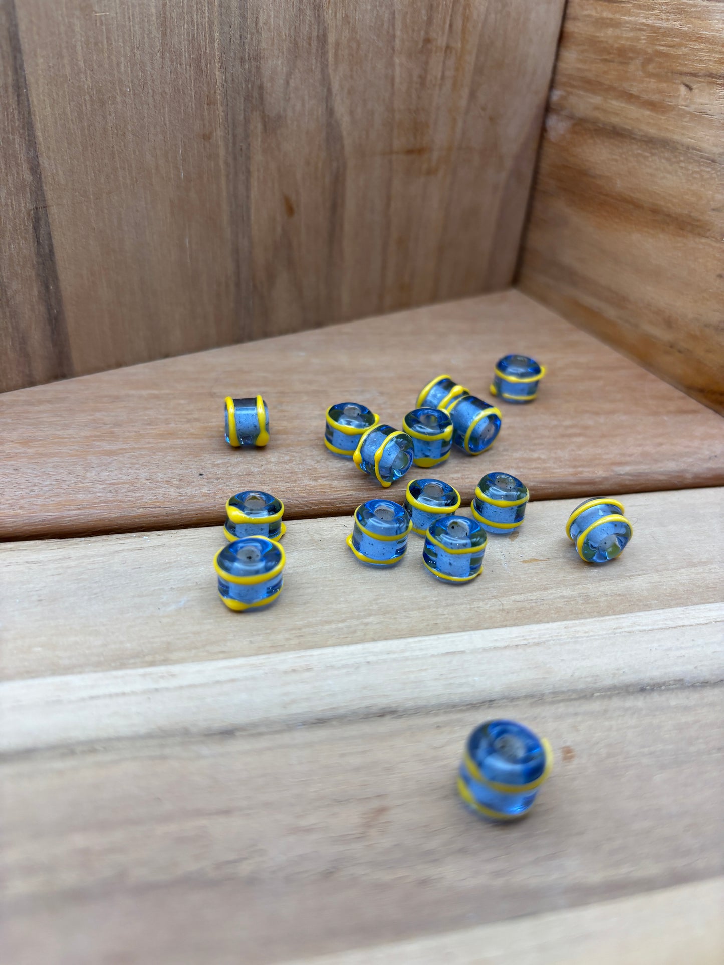 Viking Glass Bead - Transparent Light Blue Barrel with Yellow Stripes