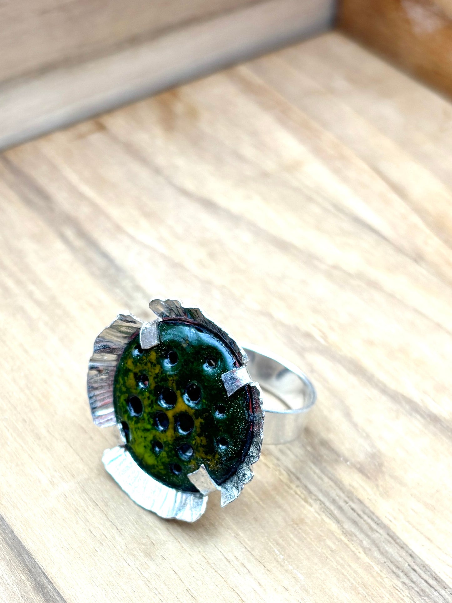 Handcrafted Silver and Enamel Coral Reef Ring - Green
