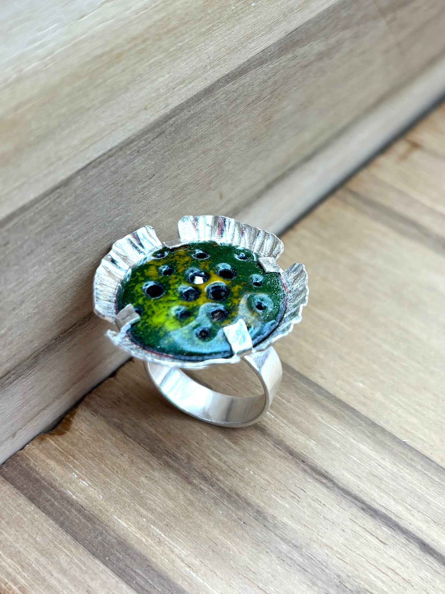 Handcrafted Silver and Enamel Coral Reef Ring - Green