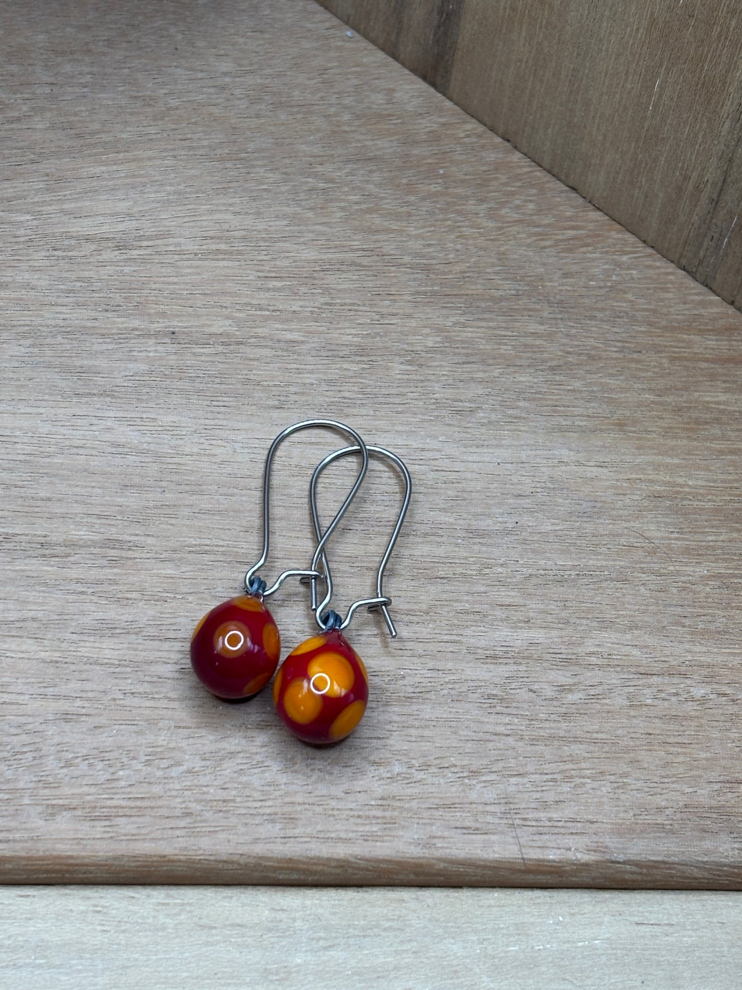 Handcrafted Glass Drop Earrings - Red and Orange