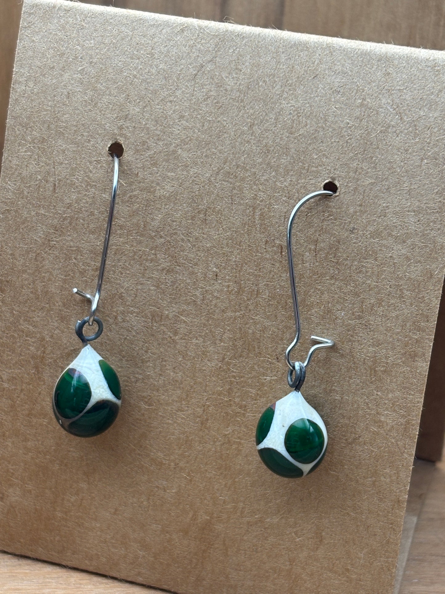 Handcrafted Glass Drop Earrings - Beige and Dark Green