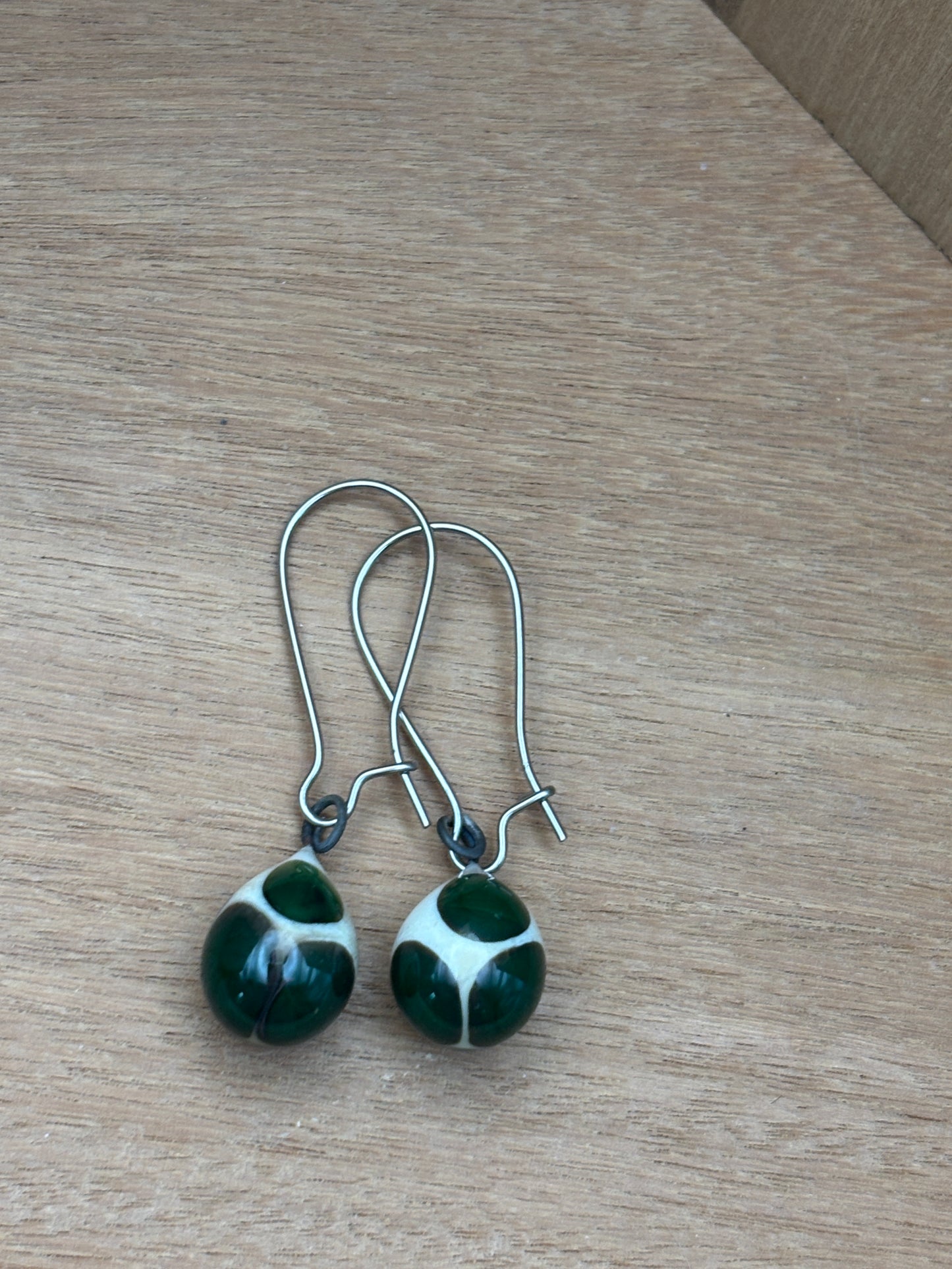 Handcrafted Glass Drop Earrings - Beige and Dark Green