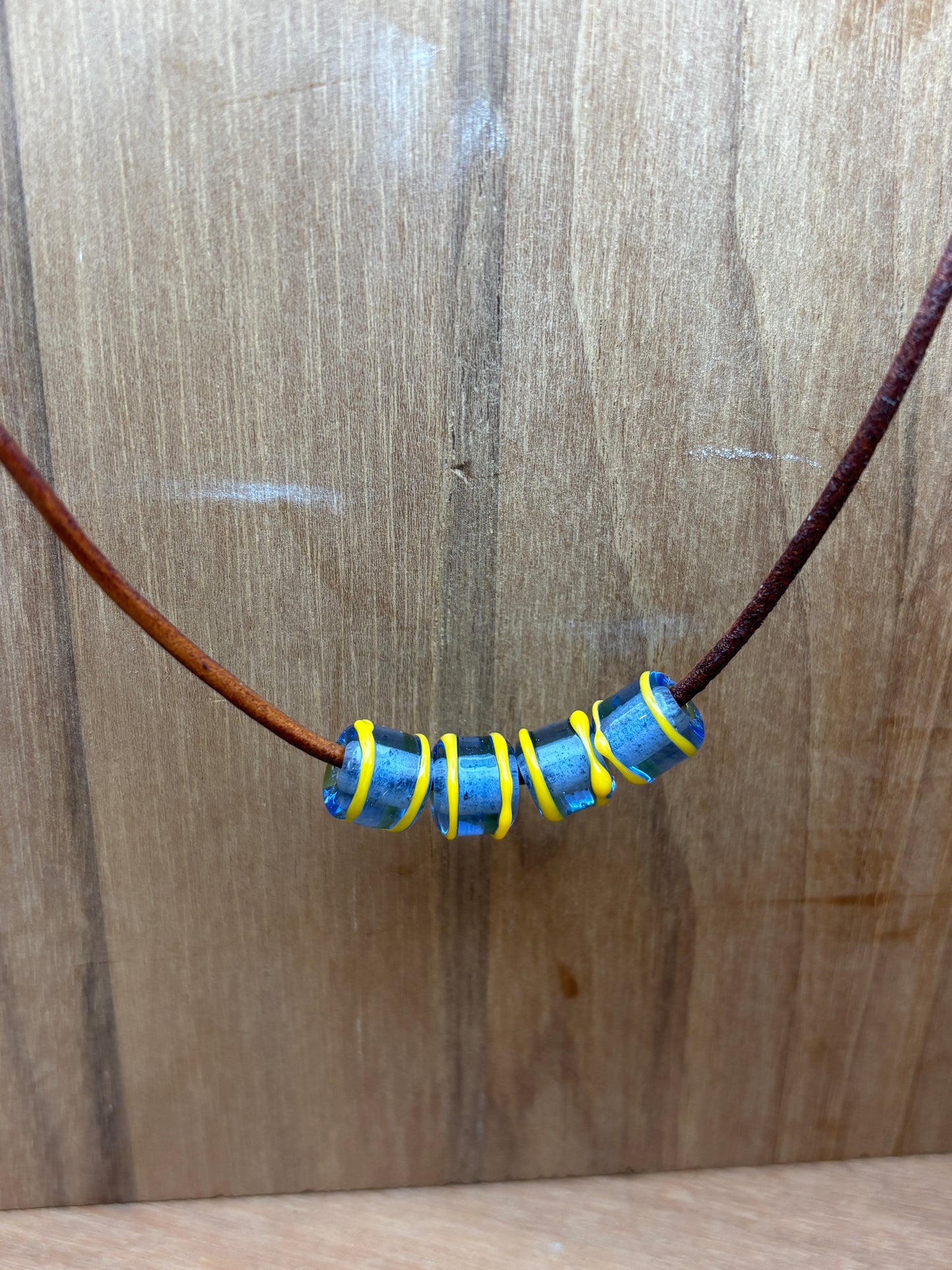 Viking Glass Bead - Transparent Light Blue Barrel with Yellow Stripes