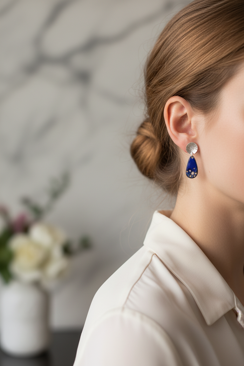 Blue enamel earrings on model - correct size