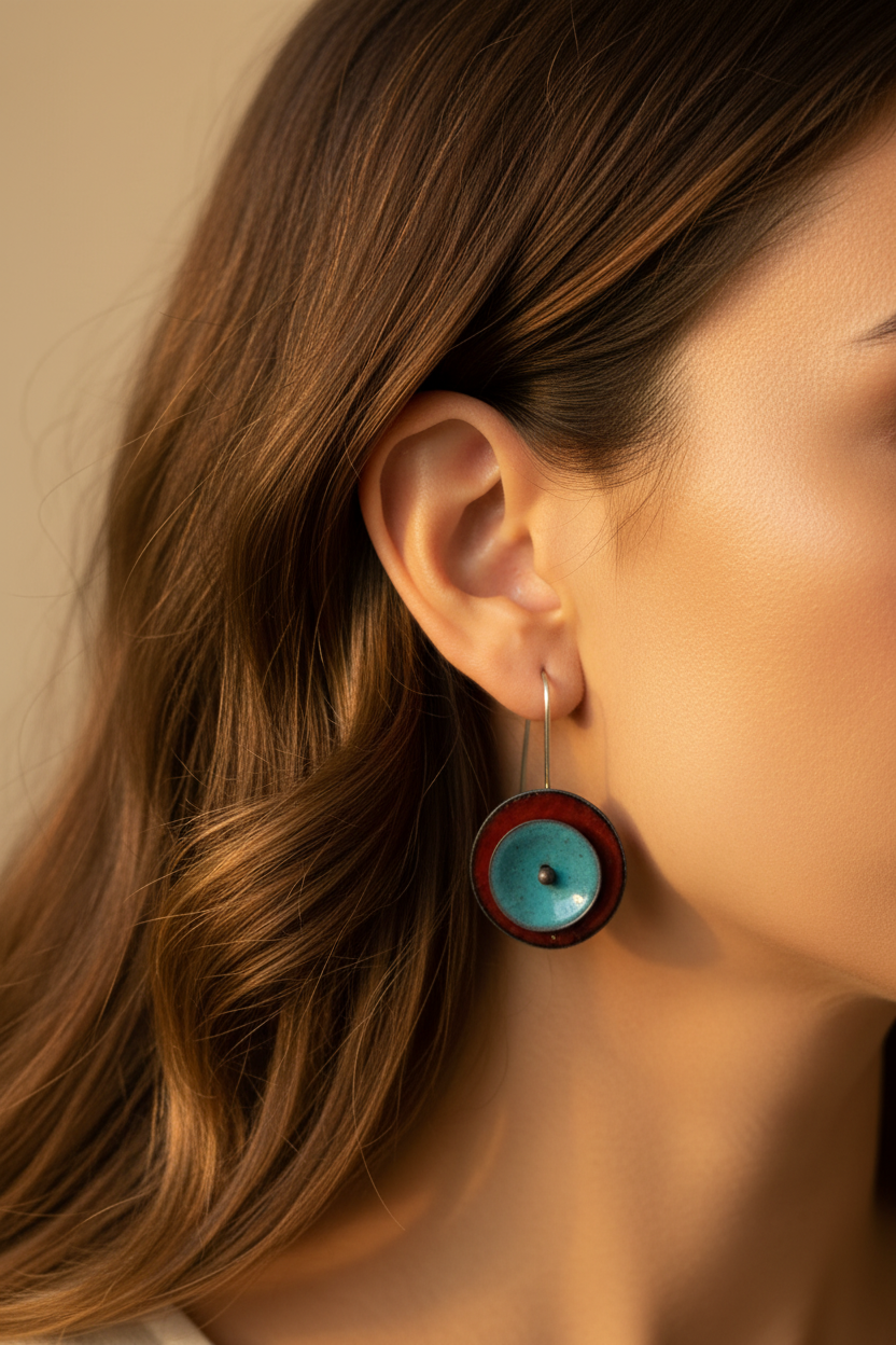 Enamel Disc Colorblock Earrings - Red and Turquoise