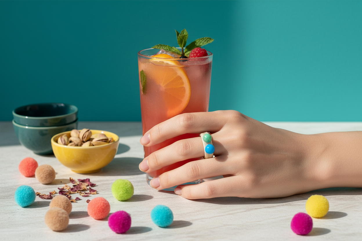 Glass ring lifestyle photo with beige, light green and turquoise