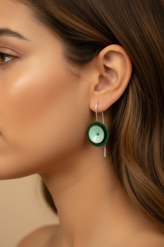 Enamel Disc Colorblock Earrings - Dark and Light Green