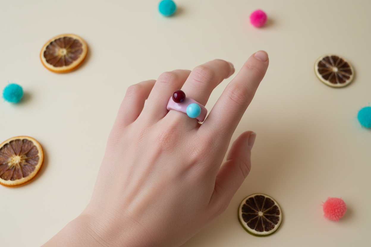 Pink glass ring with preferred hand position