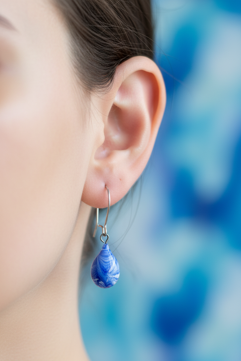 Playful ear photo with blue marbled glass earring