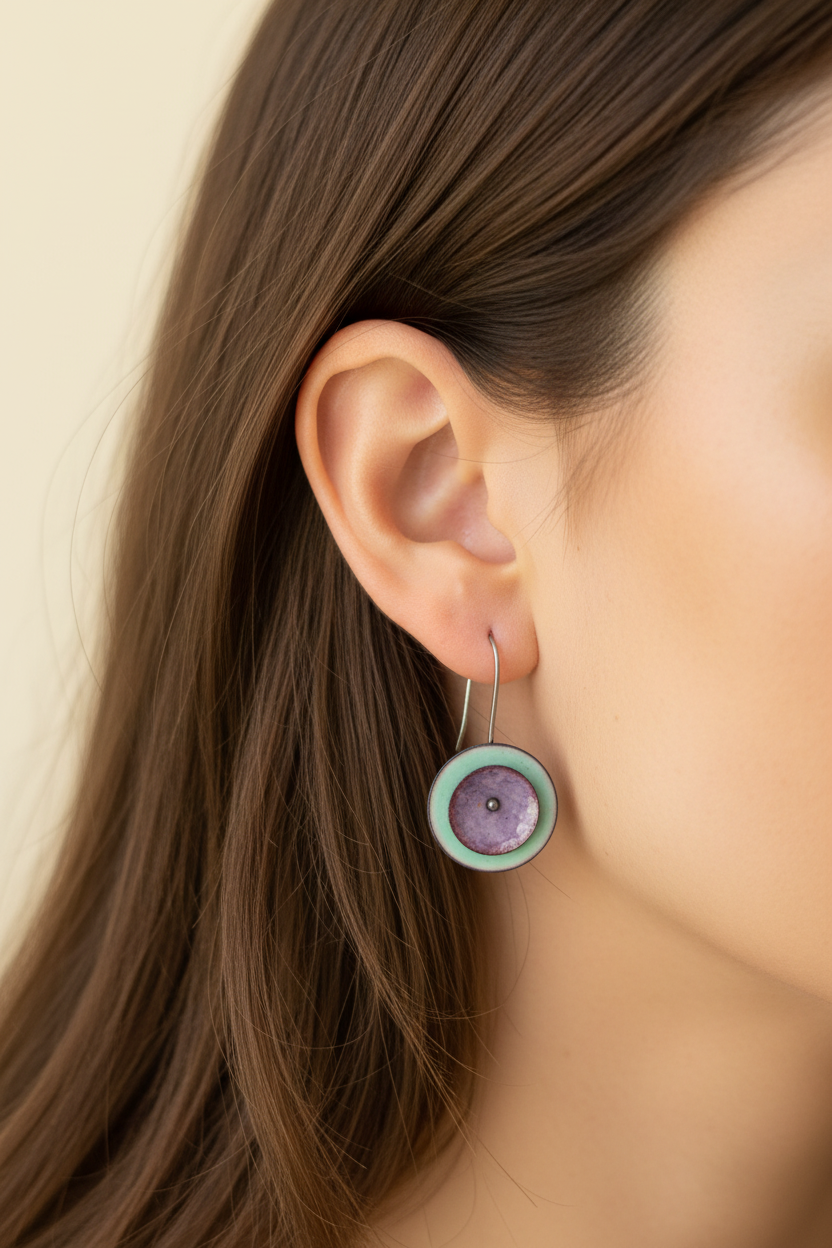 Purple and turquoise enamel earrings extreme close-up