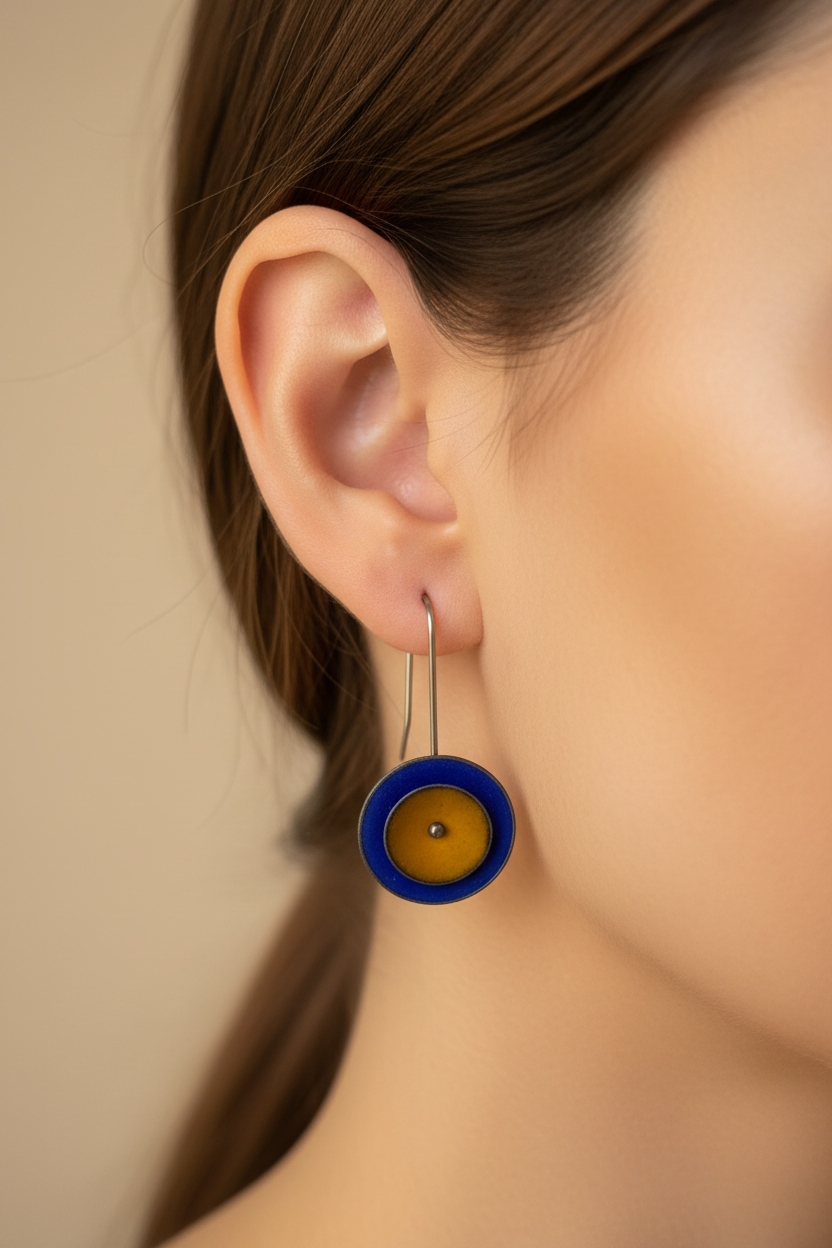 Ultra close-up golden and blue enamel earrings